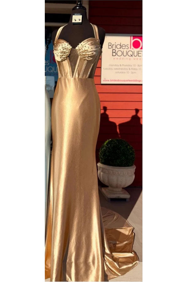 Weitese Dress Gorgeous Mermaid Sweetheart Neck Halter Sleeveless Beaded Pleated Lace Up Prom Party Dress Evening Formal Gown with Train